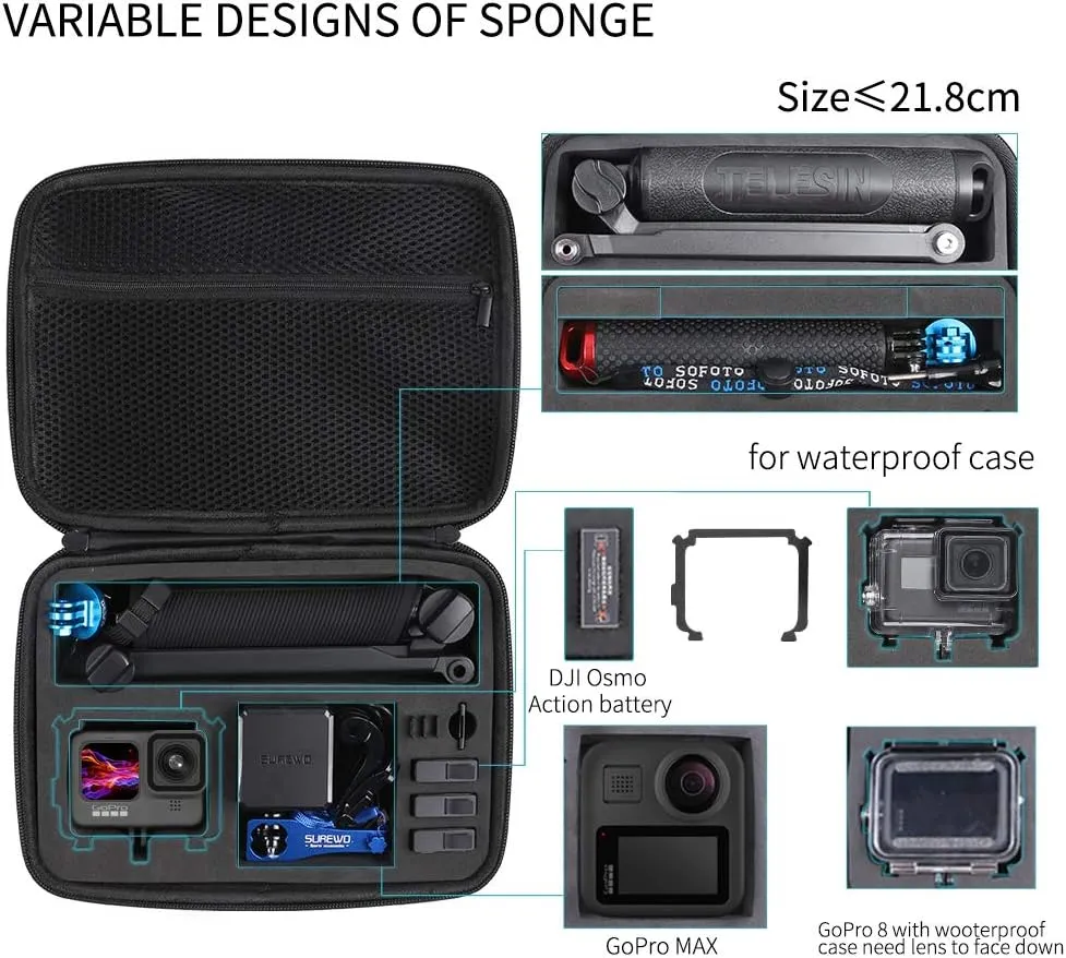 SUREWO Hard Case for GoPro,Surface-Waterproof Carrying Case Compatible with GoPro Hero 13/12/11/10/9/8/7/(2018)/6/5 Black,DJI Osmo Action,AKASO/Campark and More (Medium)