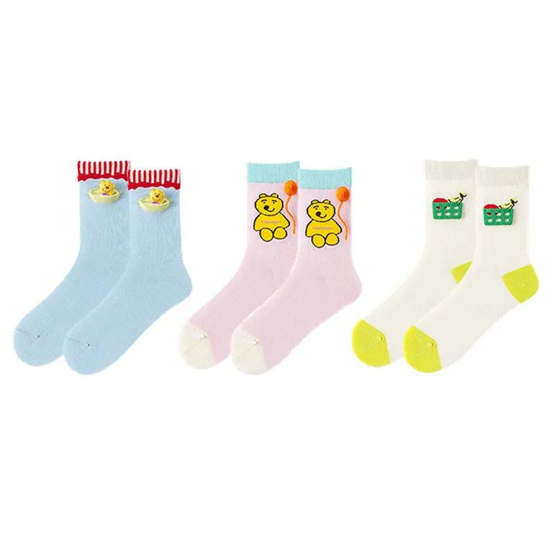 Sweetnana 3-Pack Spring and Summer Cotton Socks Flower Cones Series Crew Socks Women's Cartoon Print Cute Socks