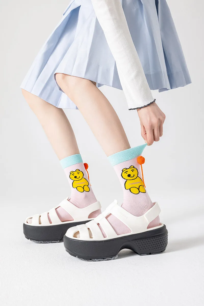 Sweetnana 3-Pack Spring and Summer Cotton Socks Flower Cones Series Crew Socks Women's Cartoon Print Cute Socks