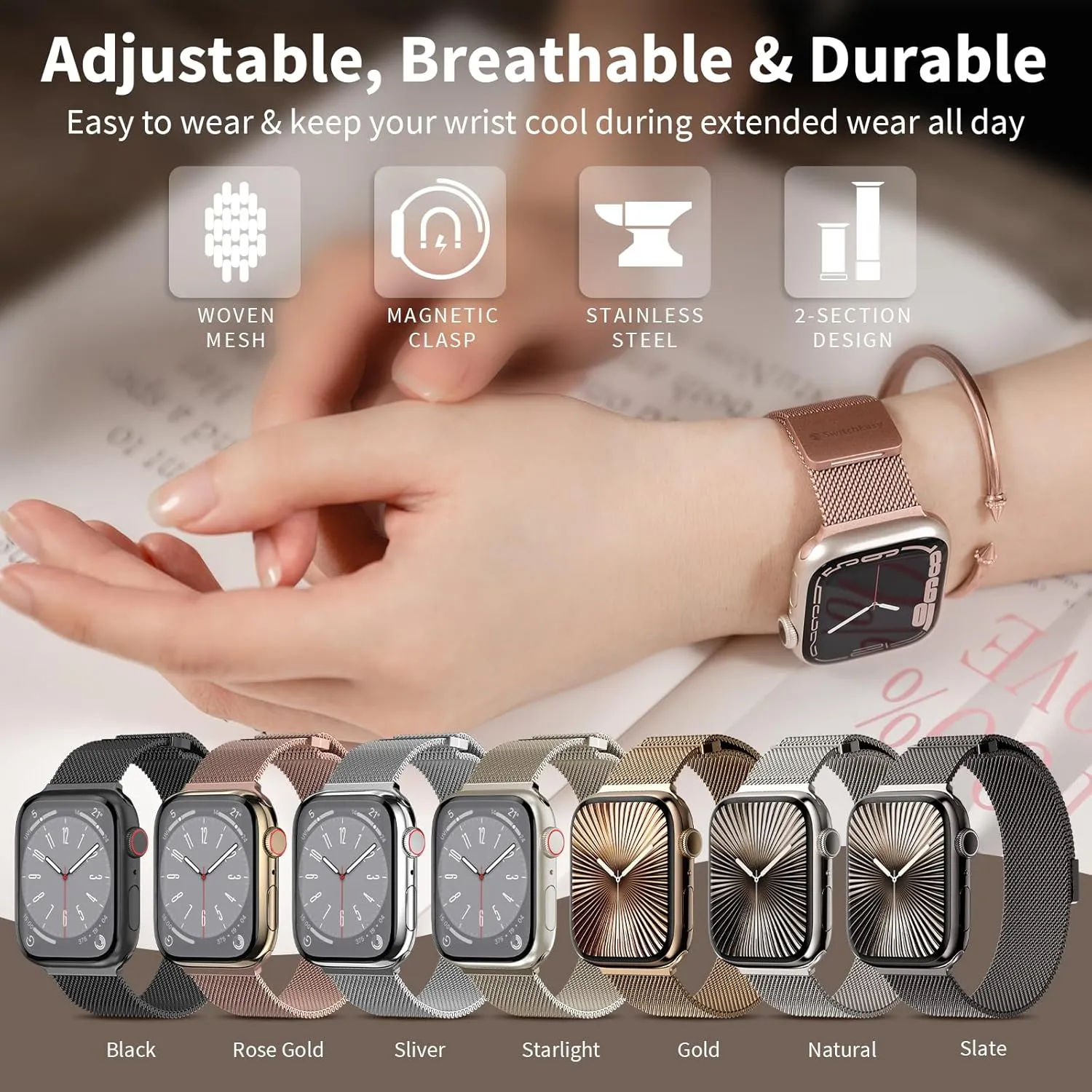 SWITCHEASY Mesh Magnetic Apple Watch Band - For Apple Watch Series 10, 9, 8, SE, 7, 6 Mesh Loop for 42mm 41mm 40mm 38mm iWatch for Women (Black)