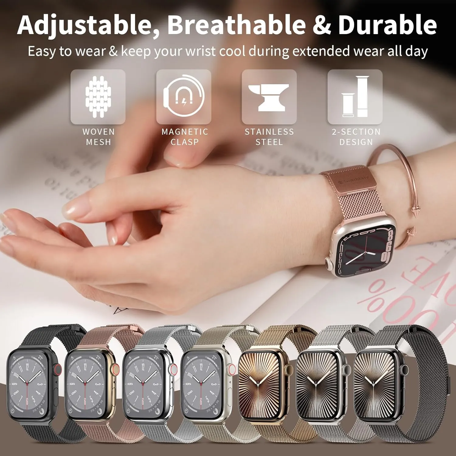 SWITCHEASY Mesh Magnetic Apple Watch Band - For Apple Watch Series 10, 9, 8, SE, 7, 6 Mesh Loop for 42mm 41mm 40mm 38mm iWatch for Women (Starlight)