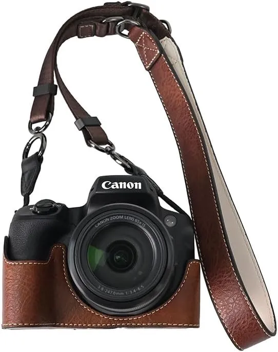 SX70 HS Case, BMAOLLONGB Handmade PU Leather Half Camera Case Bag Cover Bottom Opening Version for Canon PowerShot SX70 HS with Neck Strap (Coffee)