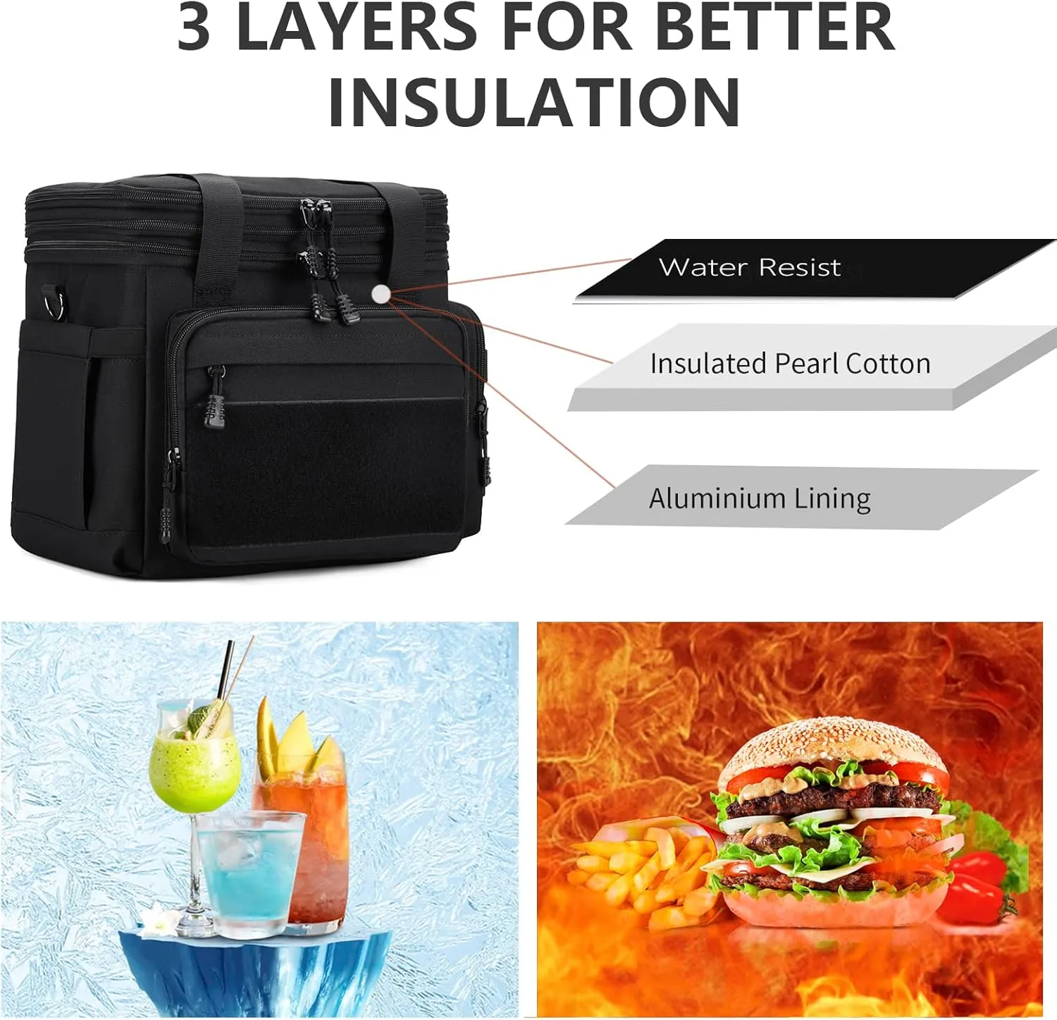 Tactical Lunch Box for Men, Insulated Lunch Bag Adult, Thermal Lunchbox Leakproof Waterproof Cooler Bag, Large Lunch Pail for Work Office Camping Travel (Black)
