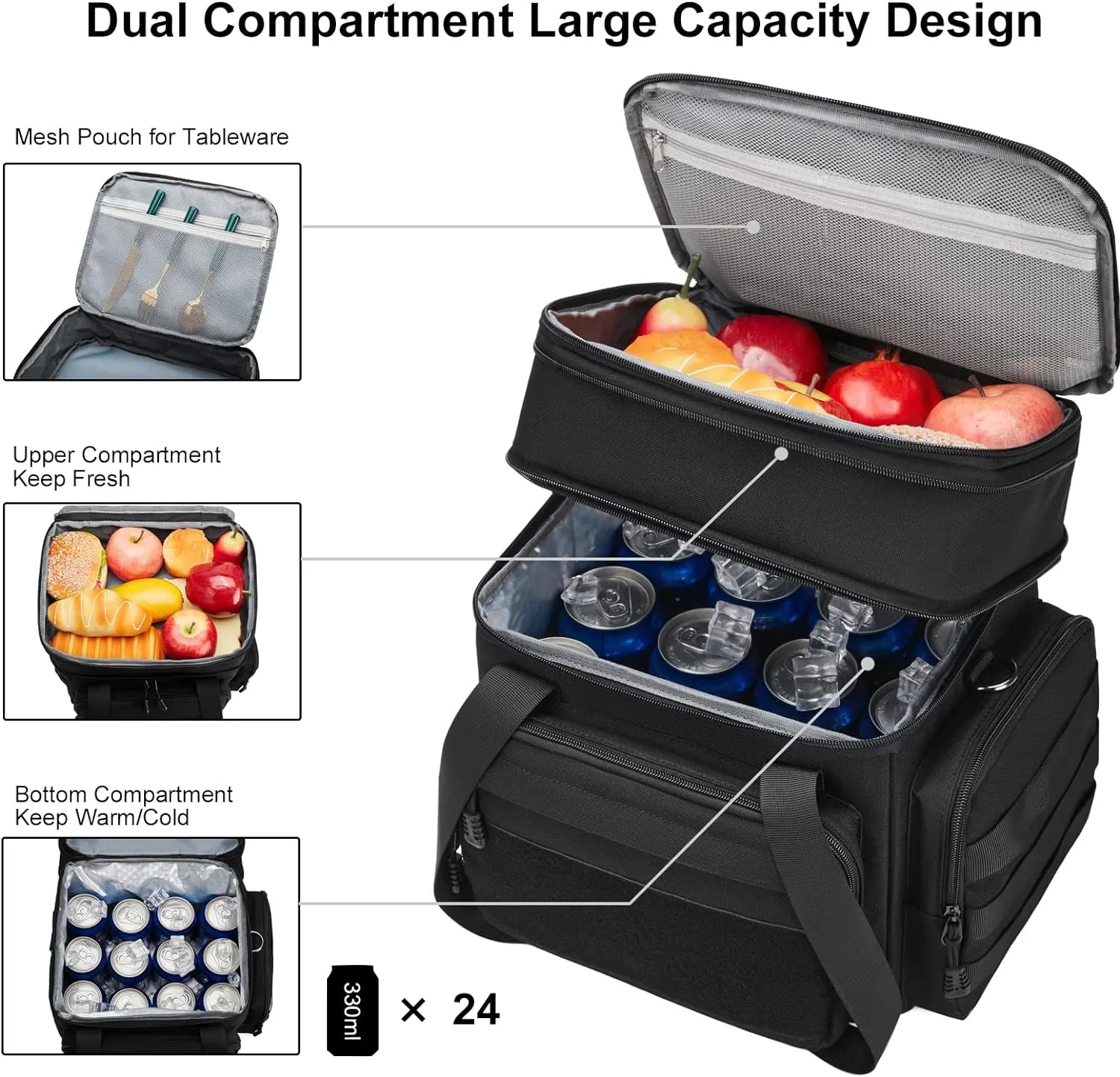 Tactical Lunch Box for Men, Insulated Lunch Bag Adult, Thermal Lunchbox Leakproof Waterproof Cooler Bag, Large Lunch Pail for Work Office Camping Travel (Black)