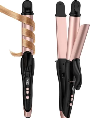 Terviiix Travel Curling Iron 2 in 1, Travel Flat Iron Hair Curler in One, 1 1/4 Inch Ceramic Ionic Curling Wand with 11 Temperatures Digital Display Hair Straightener, Dual Voltage & Auto Shut-Off