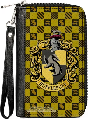 The Wizarding World of Harry Potter Wallet, Zip Around, Hufflepuff Crest Heraldry Checkers Golds Black, Vegan Leather