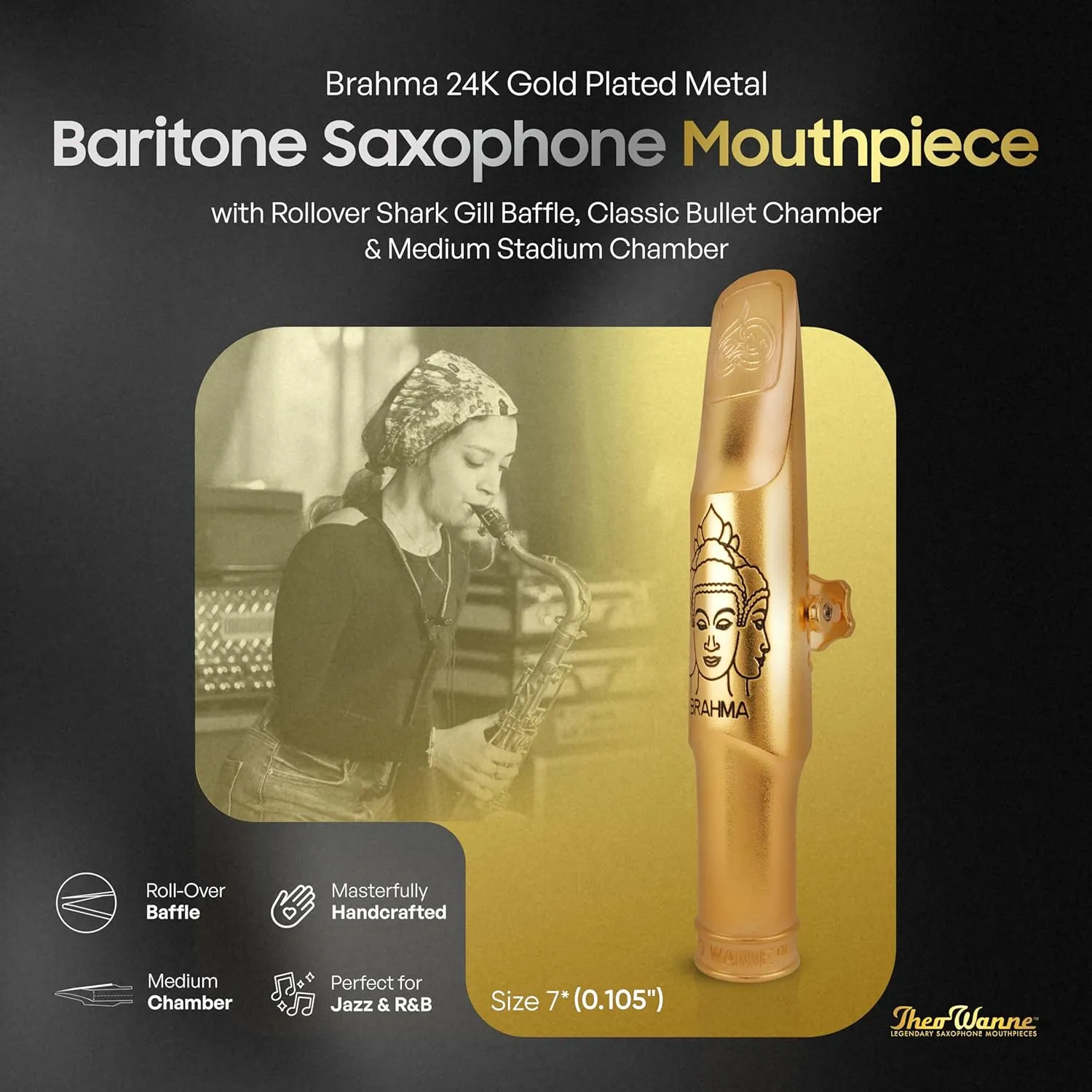 Theo Wanne Brahma 24k Gold Plated Baritone Saxophone Mouthpiece with Rollover Shark Gill Baffle, Classic Bullet Chamber & Medium Stadium Chamber for Jazz, Soul & Commercial Music - Size 7 (0.105")