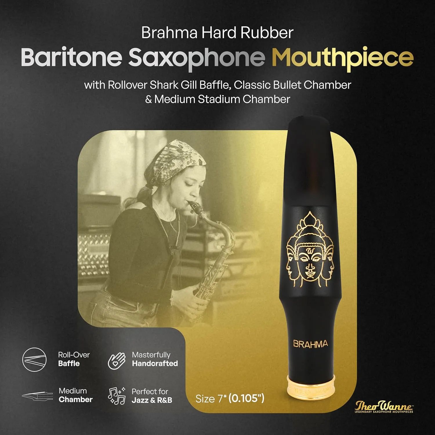 Theo Wanne Brahma Made with Hard Rubber Baritone Saxophone Mouthpiece with Rollover Shark Gill Baffle Classic Bullet Chamber & Medium Stadium Chamber for Jazz Soul Commercial Music - Size 7 (0.105")