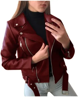 Things 2024 Women Christmas 2024 Women Cool Faux Leather Long Sleeve Zipper Fitted Coat Fall Short