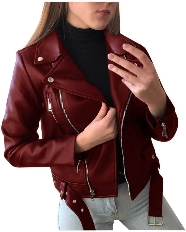 Things 2024 Women Christmas 2024 Women Cool Faux Leather Long Sleeve Zipper Fitted Coat Fall Short