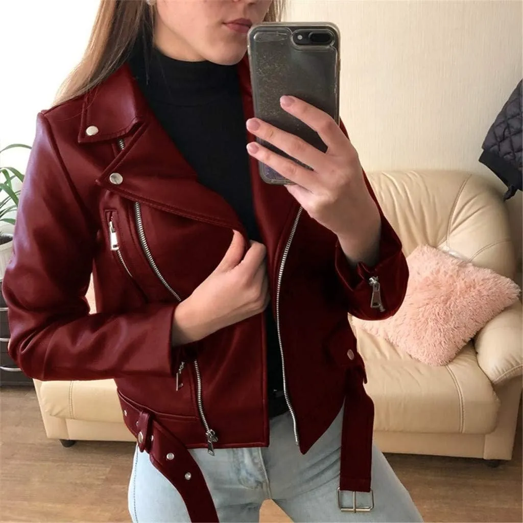Things 2024 Women Christmas 2024 Women Cool Faux Leather Long Sleeve Zipper Fitted Coat Fall Short