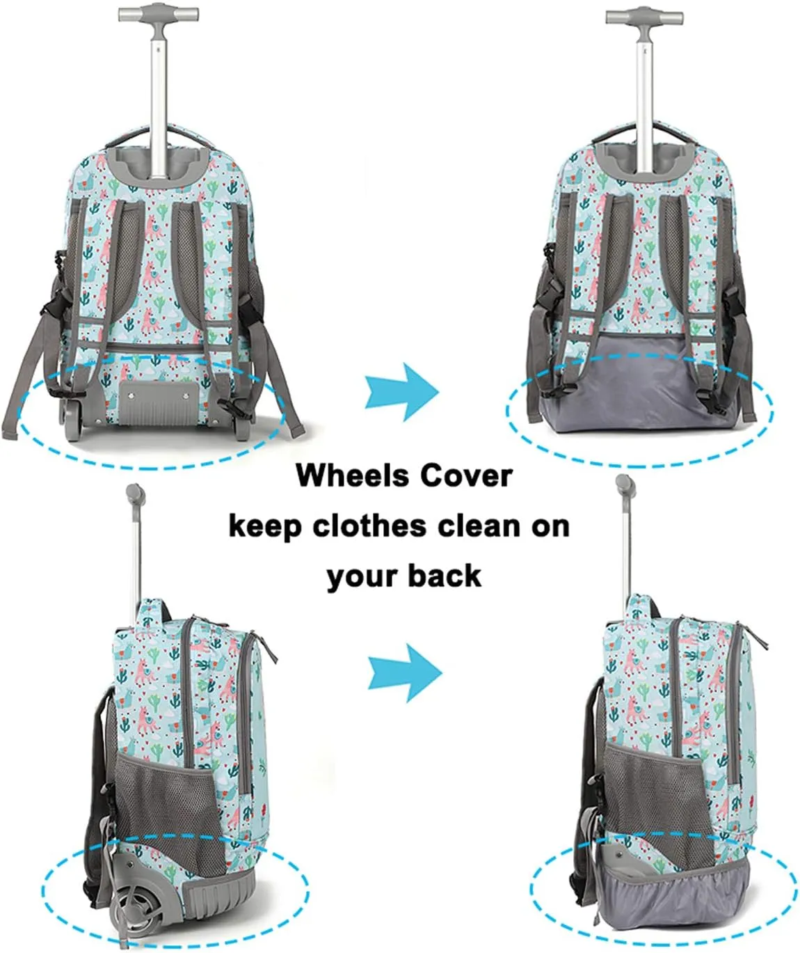 Tilami Rolling Backpack with Trolley Wheeled Design, Cute Cartoon Printed for Boys and Girls, Travel, School, Student Trip (19 Inch, Alpaca)