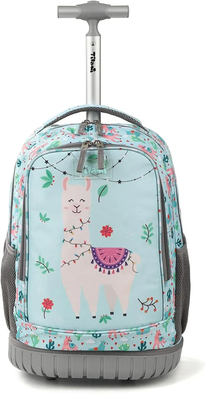 Tilami Rolling Backpack with Trolley Wheeled Design, Cute Cartoon Printed for Boys and Girls, Travel, School, Student Trip (19 Inch, Alpaca)