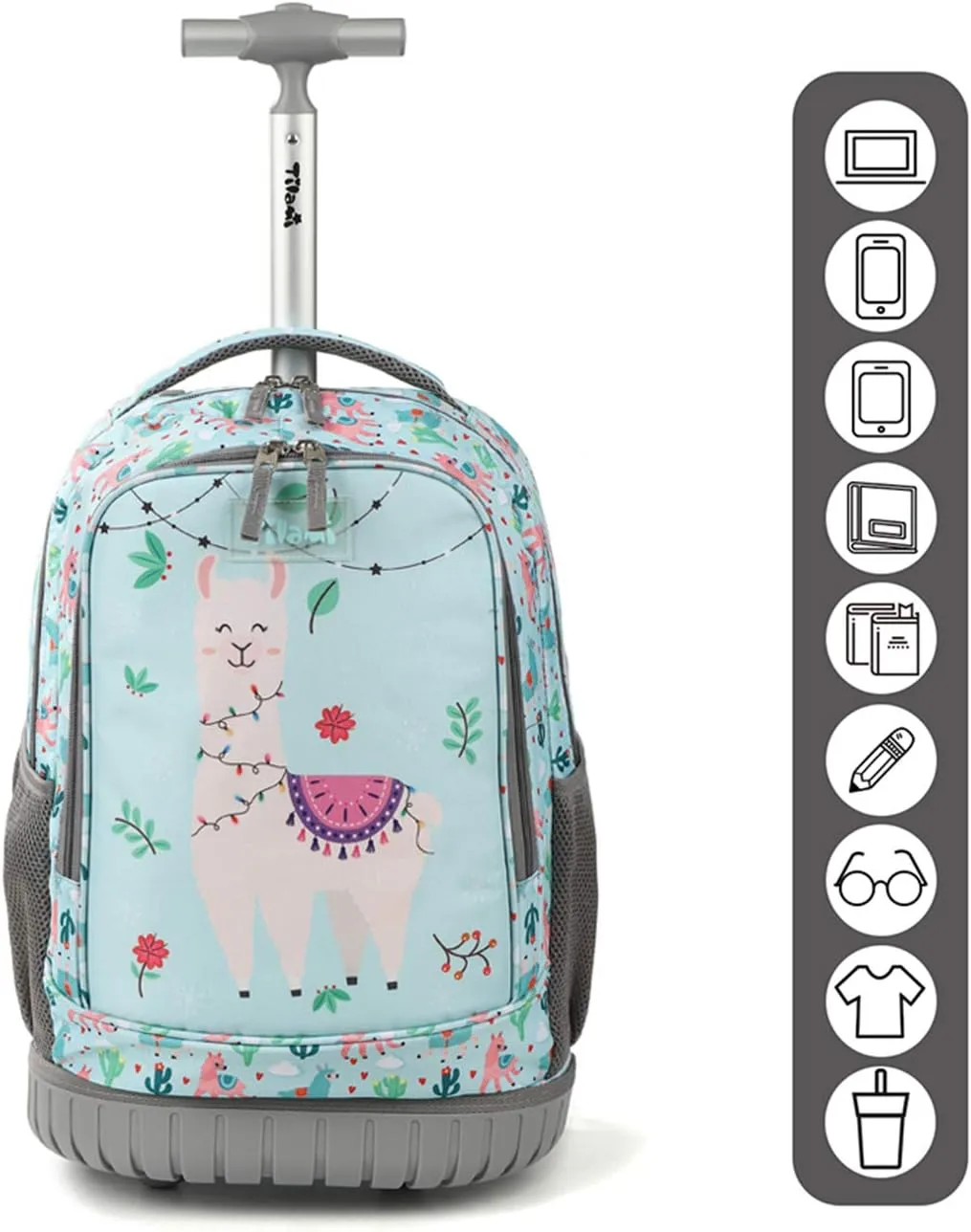 Tilami Rolling Backpack with Trolley Wheeled Design, Cute Cartoon Printed for Boys and Girls, Travel, School, Student Trip (19 Inch, Alpaca)