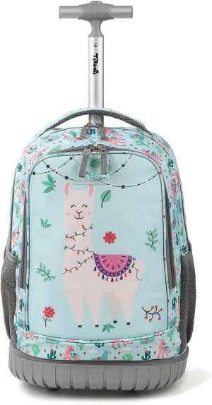 Tilami Rolling Backpack with Trolley Wheeled Design, Cute Cartoon Printed for Boys and Girls, Travel, School, Student Trip (19 Inch, Alpaca)