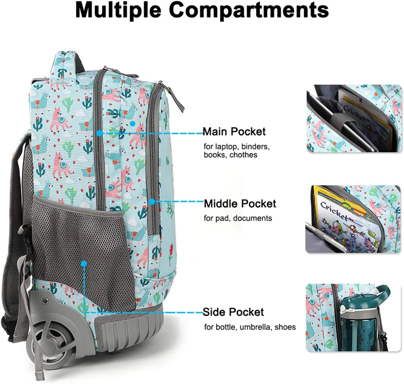 Tilami Rolling Backpack with Trolley Wheeled Design, Cute Cartoon Printed for Boys and Girls, Travel, School, Student Trip (19 Inch, Alpaca)