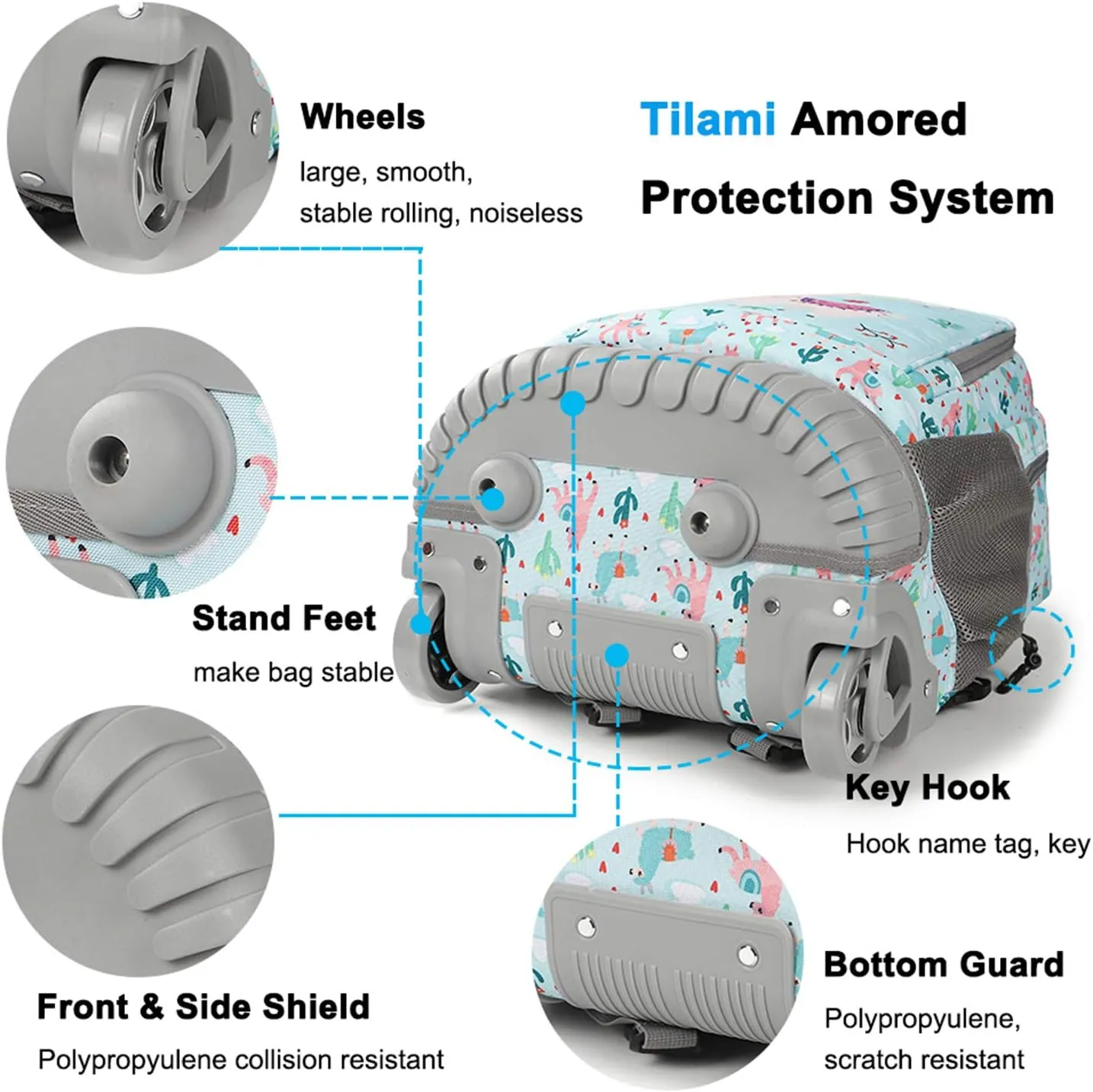 Tilami Rolling Backpack with Trolley Wheeled Design, Cute Cartoon Printed for Boys and Girls, Travel, School, Student Trip (19 Inch, Alpaca)