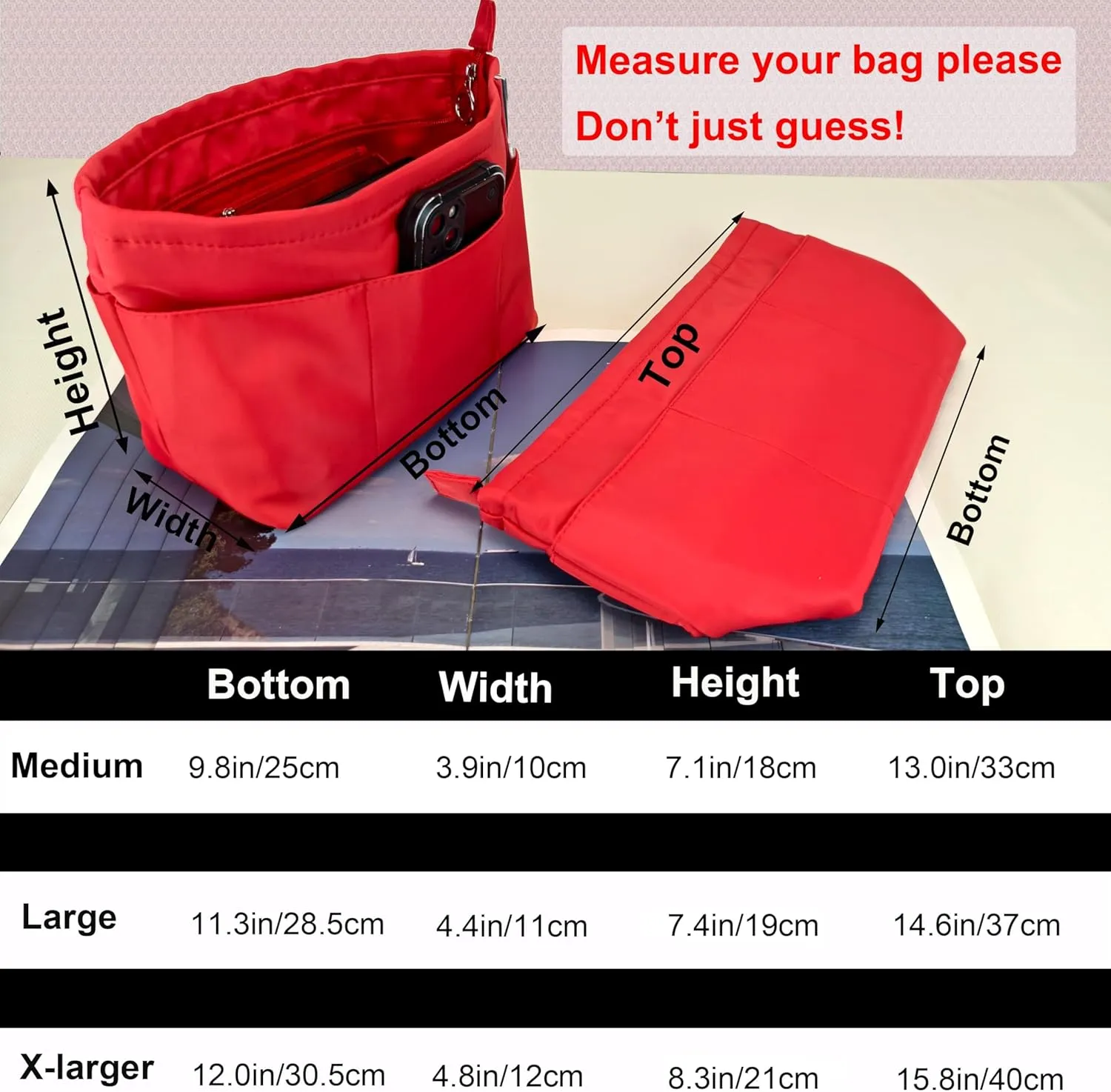 Time Wing Purse Organizer Insert Tote Handbag Organizer Divider Bag in Bag Shaper Liner Multi Pockets Compartments Zippers Key Chain X Large Red