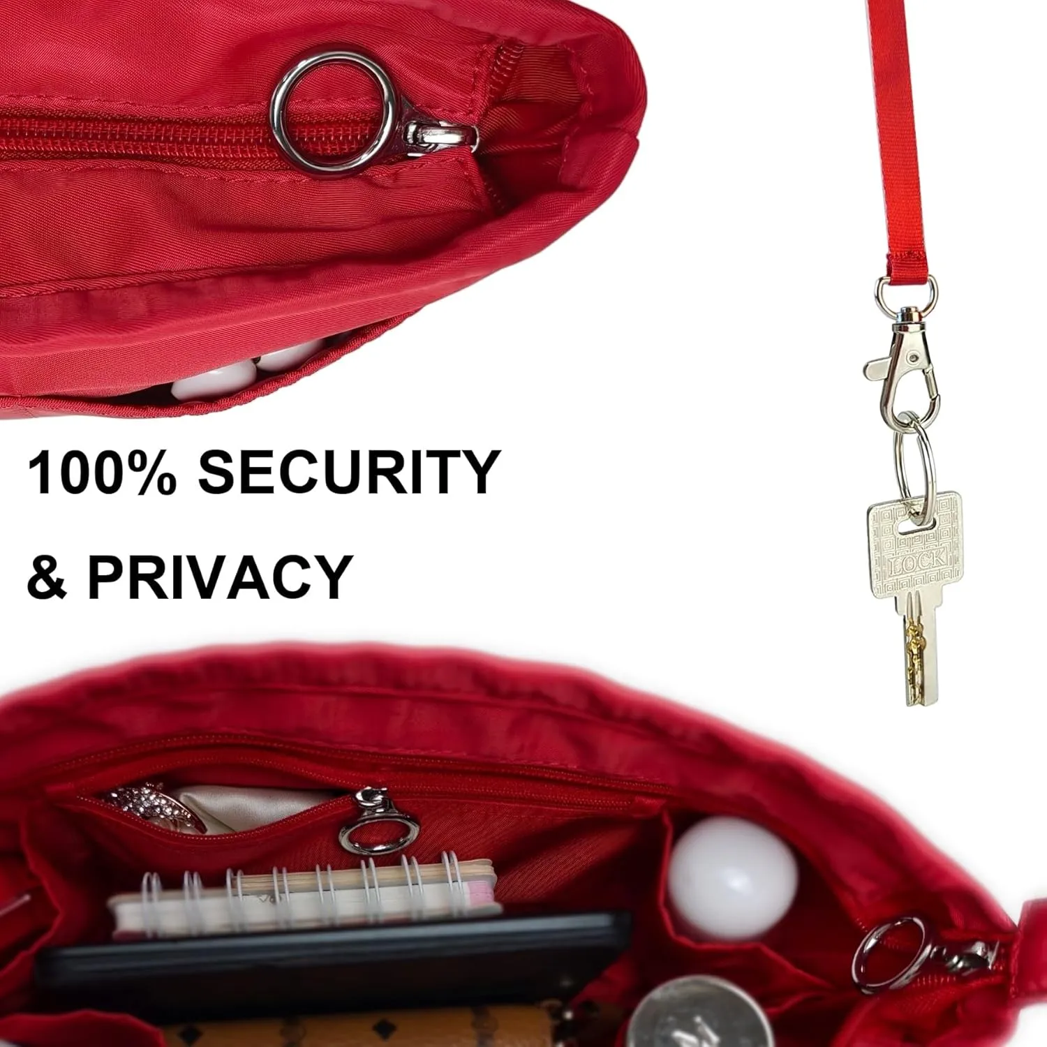 Time Wing Purse Organizer Insert Tote Handbag Organizer Divider Bag in Bag Shaper Liner Multi Pockets Compartments Zippers Key Chain X Large Red