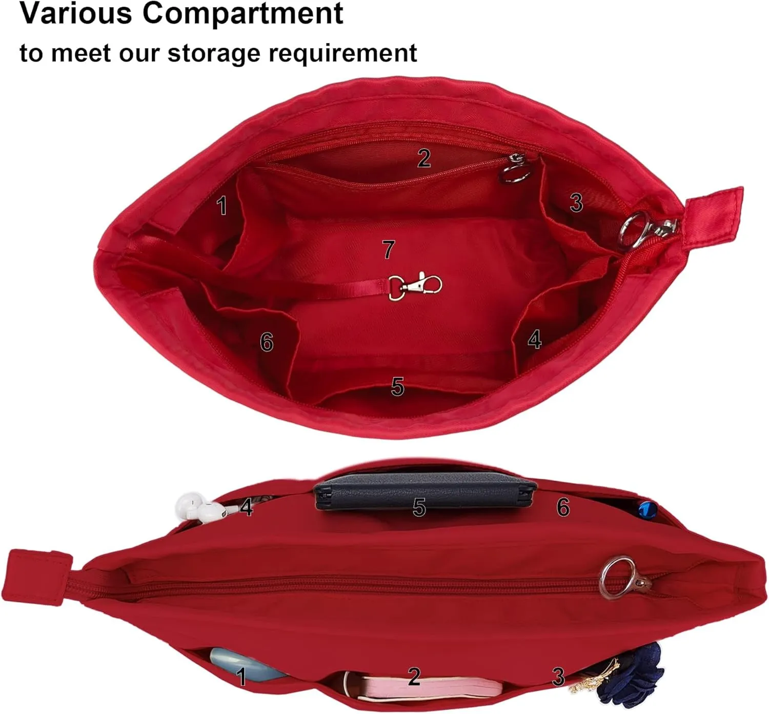 Time Wing Purse Organizer Insert Tote Handbag Organizer Divider Bag in Bag Shaper Liner Multi Pockets Compartments Zippers Key Chain X Large Red