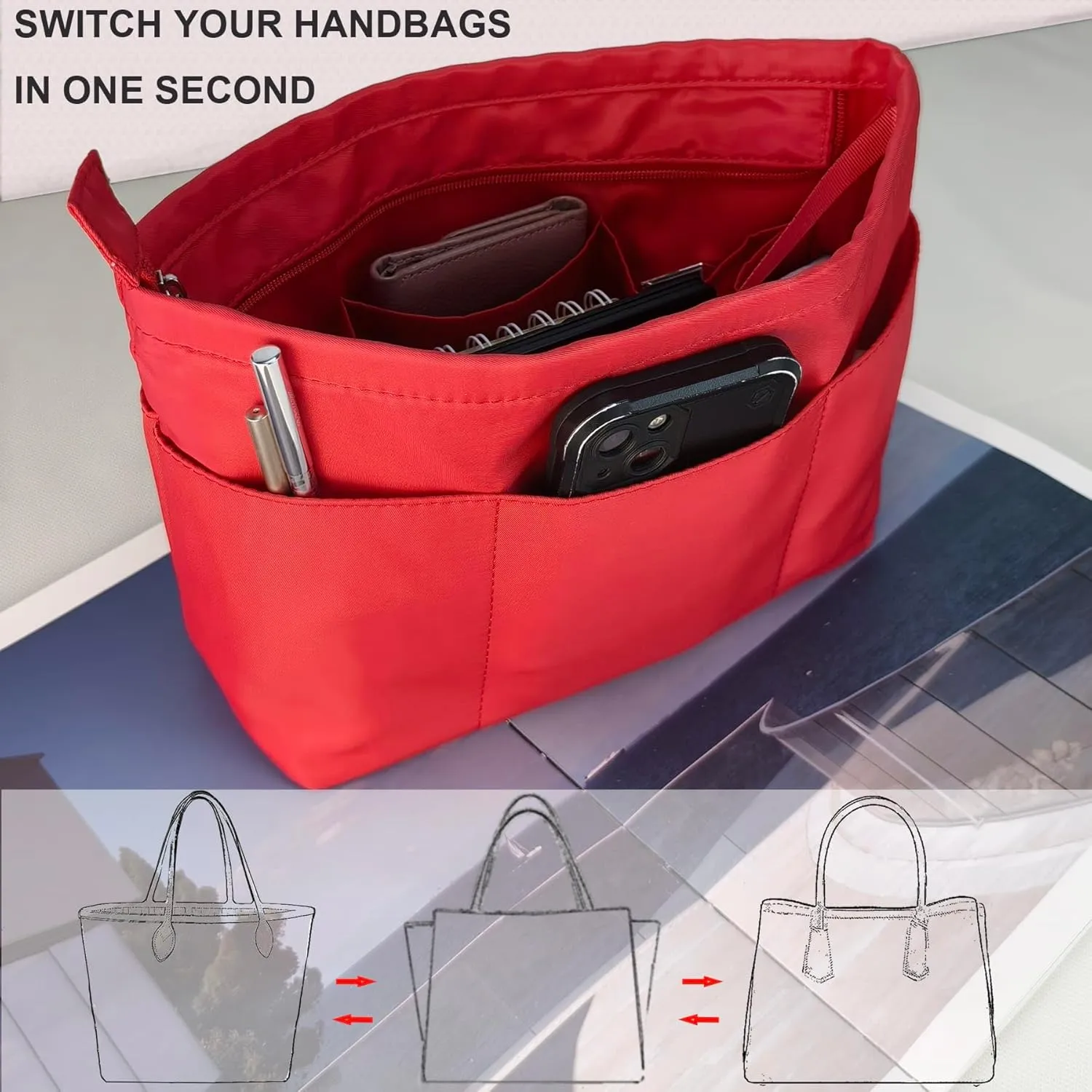 Time Wing Purse Organizer Insert Tote Handbag Organizer Divider Bag in Bag Shaper Liner Multi Pockets Compartments Zippers Key Chain X Large Red