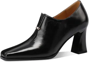 TinaCus Genuine Leather Handmade Side Zipper Women's Square Toe Mid Spool Heels Trendy Pumps Shoes