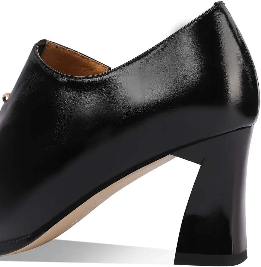 TinaCus Genuine Leather Handmade Side Zipper Women's Square Toe Mid Spool Heels Trendy Pumps Shoes
