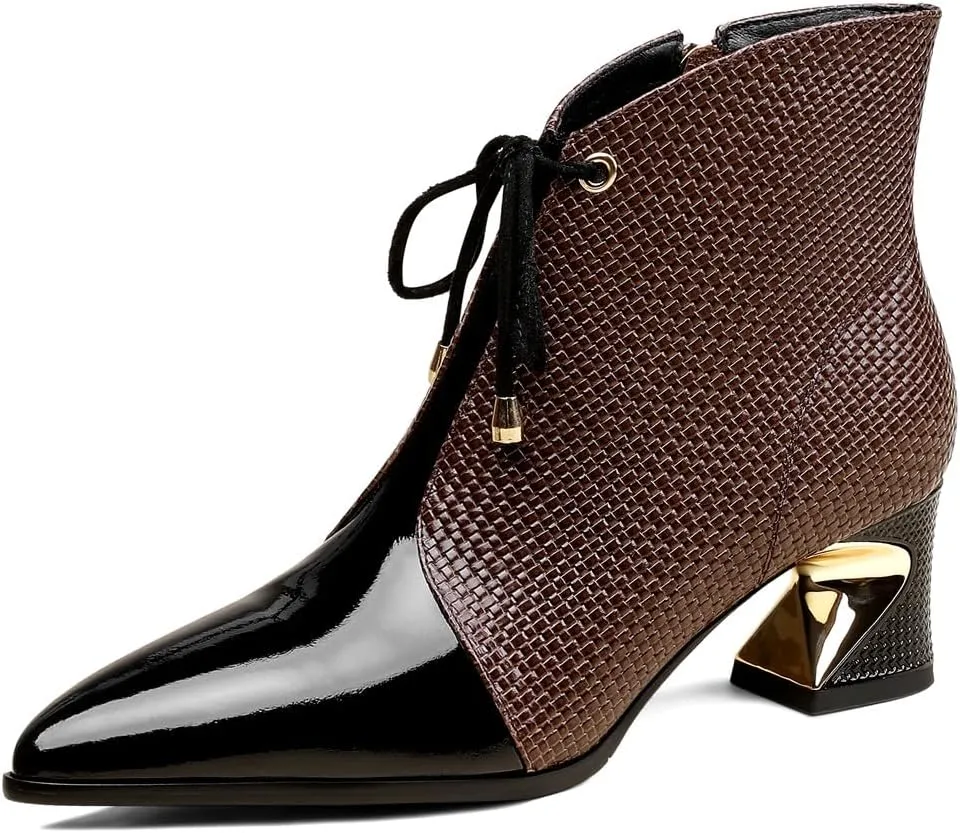 TinaCus Women's Pointed Toe Genuine & Patent Leather Handmade Selftie Zipper Mid Chunky Heels Ankle Boots
