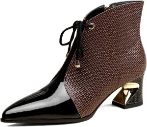TinaCus Women's Pointed Toe Genuine & Patent Leather Handmade Selftie Zipper Mid Chunky Heels Ankle Boots