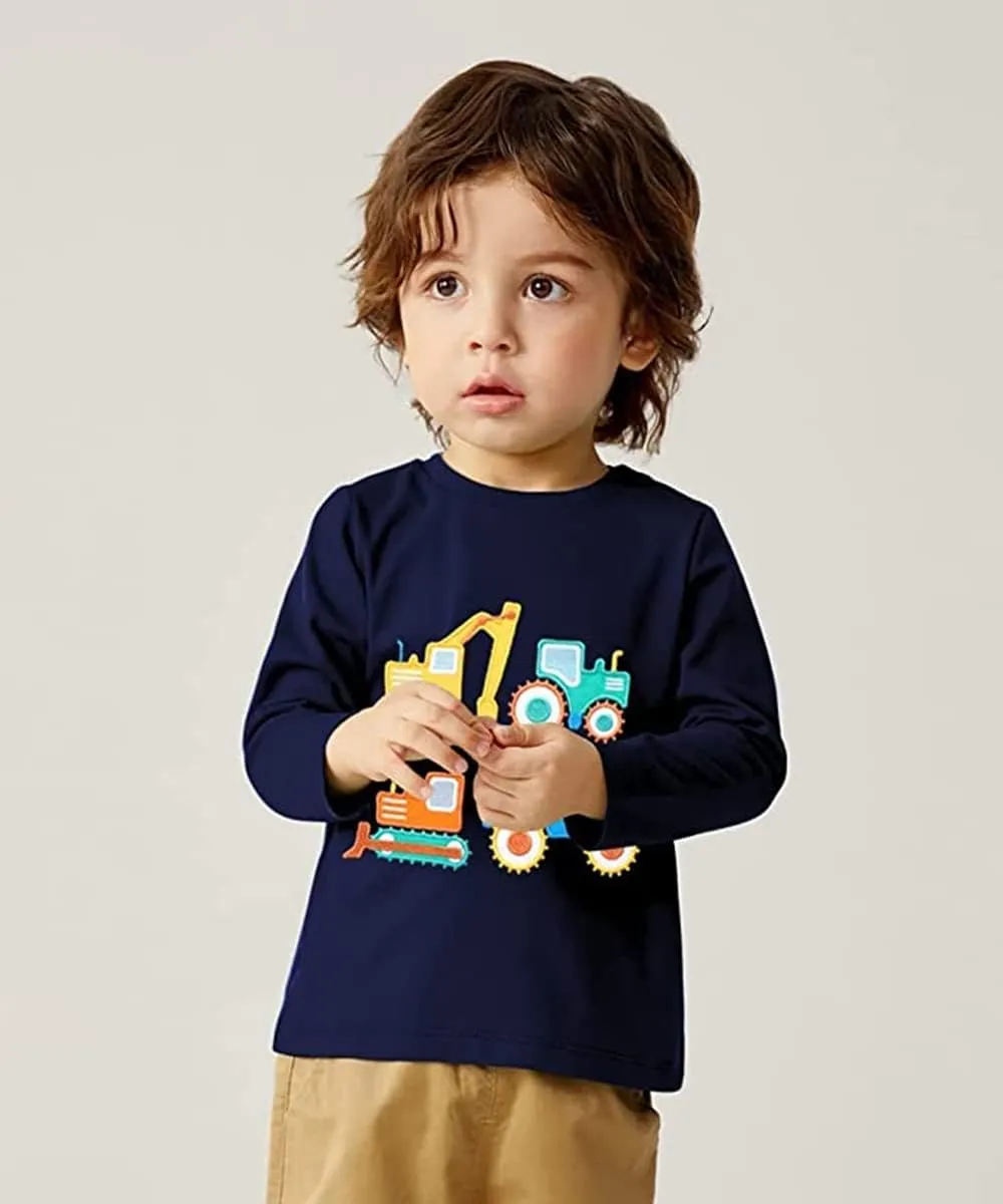 Toddler Boy Long Sleeve Shirts Kids Pullover Top Planet Dinosaur Tractor Cotton Graphic T-Shirt