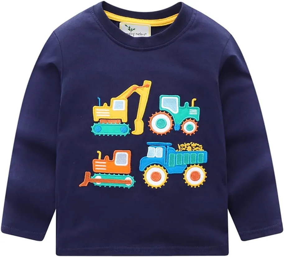Toddler Boy Long Sleeve Shirts Kids Pullover Top Planet Dinosaur Tractor Cotton Graphic T-Shirt