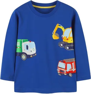 Toddler Boy Long Sleeve Shirts Kids Pullover Top Planet Dinosaur Tractor Cotton Graphic T-Shirt