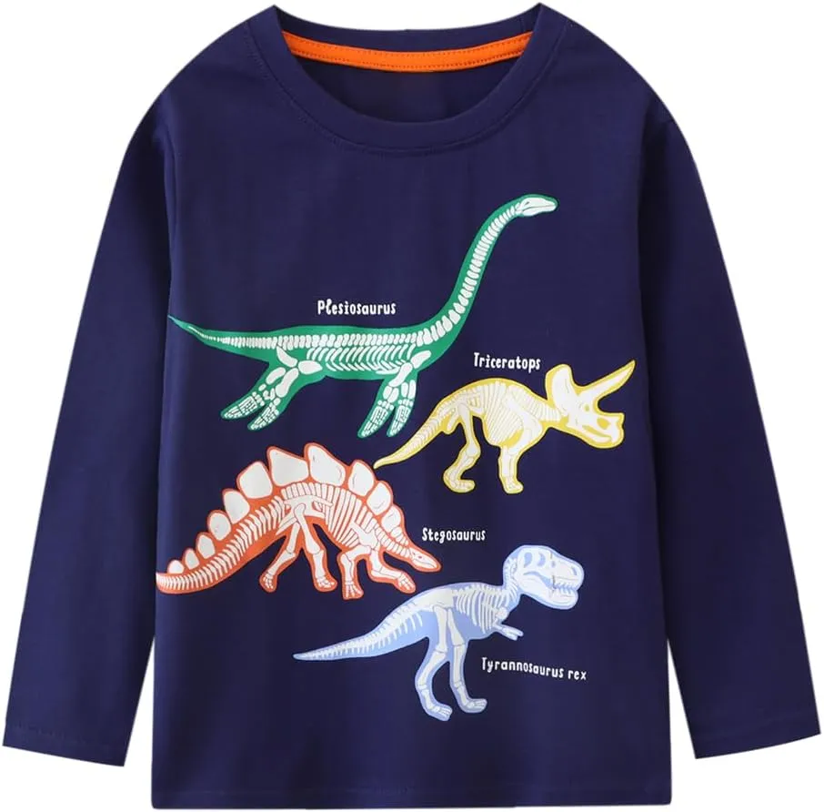 Toddler Boy Long Sleeve Shirts Kids Pullover Top Planet Dinosaur Tractor Cotton Graphic T-Shirt