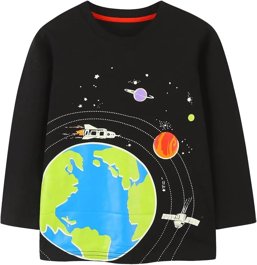 Toddler Boy Long Sleeve Shirts Kids Pullover Top Planet Dinosaur Tractor Cotton Graphic T-Shirt
