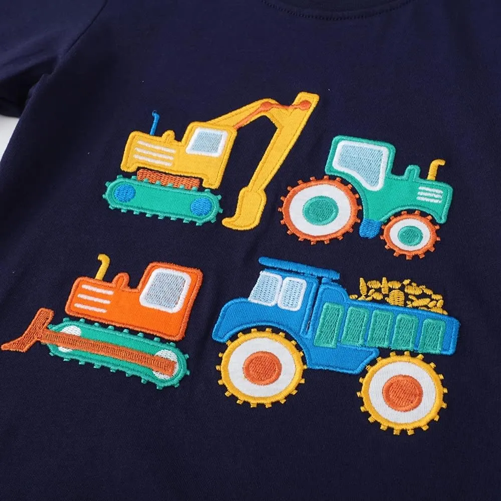 Toddler Boy Long Sleeve Shirts Kids Pullover Top Planet Dinosaur Tractor Cotton Graphic T-Shirt