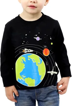 Toddler Boy Long Sleeve Shirts Kids Pullover Top Planet Dinosaur Tractor Cotton Graphic T-Shirt