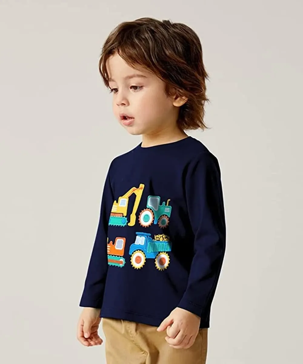 Toddler Boy Long Sleeve Shirts Kids Pullover Top Planet Dinosaur Tractor Cotton Graphic T-Shirt