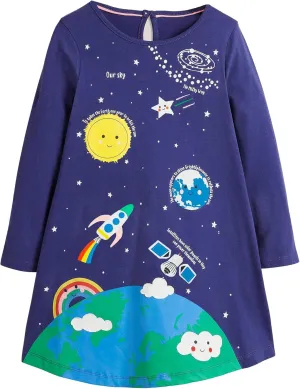 Toddler Girl Cotton Long Sleeve Casual Halloween Christmas Cartoon Tunic Playwear Basic Striped Jersey Dresses