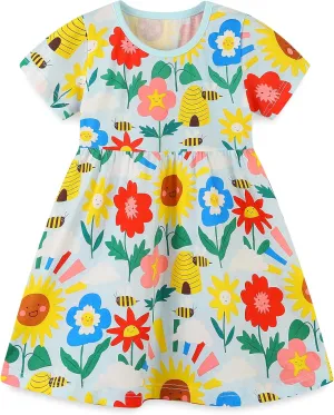 Toddler Girl's Cotton Dress Toddler Girls Summer Dress Clothes Cotton Casual Cartoon Print Short Sleeve Dresses 1-7 Years