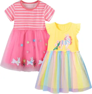 Toddler Little Girls Casual Dresses 2-Pack Cotton Crew Neck Graphic Cartoon Dress for 3-6 Years