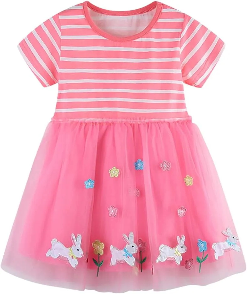 Toddler Little Girls Casual Dresses 2-Pack Cotton Crew Neck Graphic Cartoon Dress for 3-6 Years