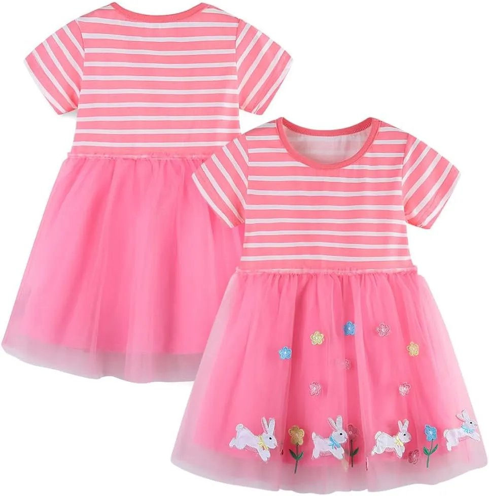 Toddler Little Girls Casual Dresses 2-Pack Cotton Crew Neck Graphic Cartoon Dress for 3-6 Years