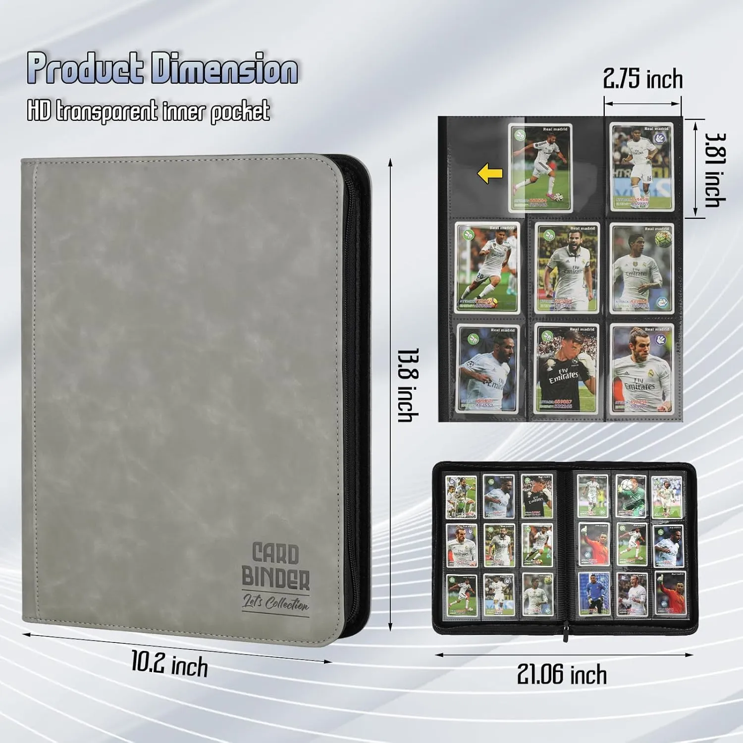 Trading Card Binder, Premium 9 Pocket Double Sided 540 Pocket PU Card Collection Binder, Collectible Trading Card Albums for MTG, TCG, Sport Card, Game Cards (Gray)