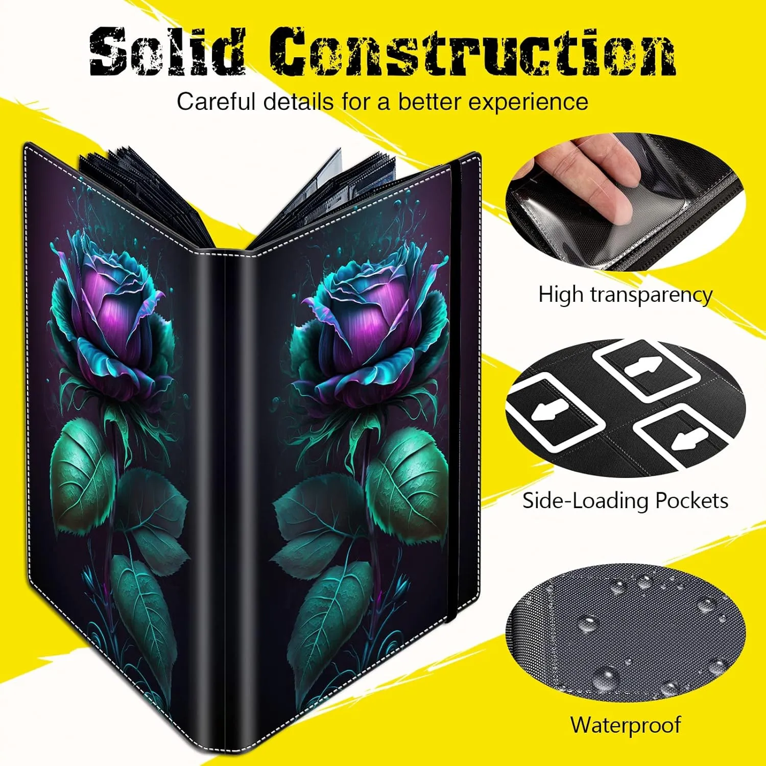 Trading Card Binder,9 Pocket Trading Card Binder Album Folder,900 Side Loading Pocket Card Collection Binder,for MTG,TCG,Sport Baseball Collector,Leather black Card Binder,Blue Rose Flower