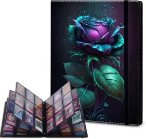 Trading Card Binder,9 Pocket Trading Card Binder Album Folder,900 Side Loading Pocket Card Collection Binder,for MTG,TCG,Sport Baseball Collector,Leather black Card Binder,Blue Rose Flower