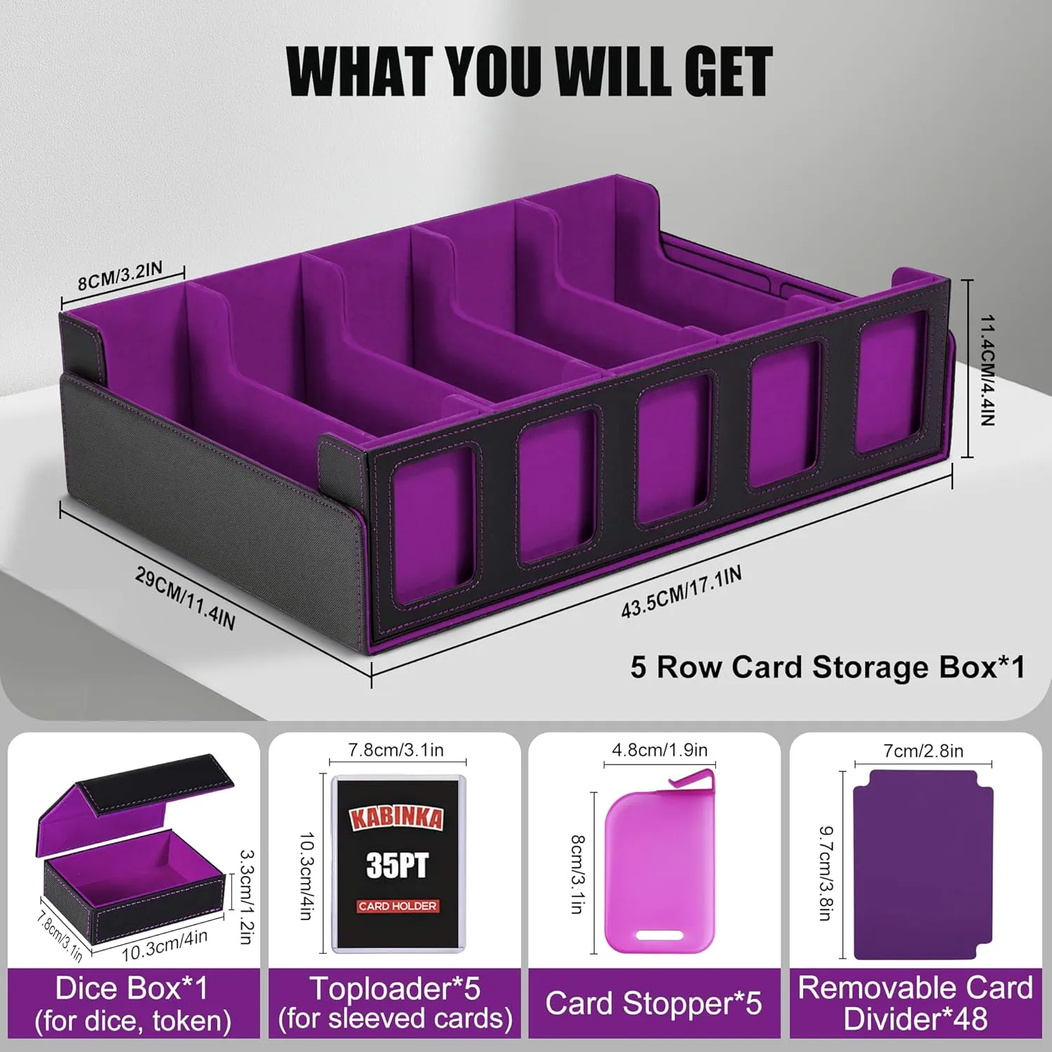Trading Card Storage Box with Commander Display , 5-Row Deck Case with Removable Lid; 3900  Card Deck Box for MTG TCG Sports Card, 5 Toploaders, 5 Stoppers, 48 Dividers,1 Dice Tray (Black Purple)