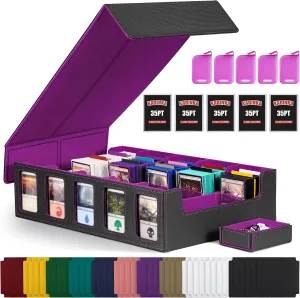 Trading Card Storage Box with Commander Display , 5-Row Deck Case with Removable Lid; 3900  Card Deck Box for MTG TCG Sports Card, 5 Toploaders, 5 Stoppers, 48 Dividers,1 Dice Tray (Black Purple)