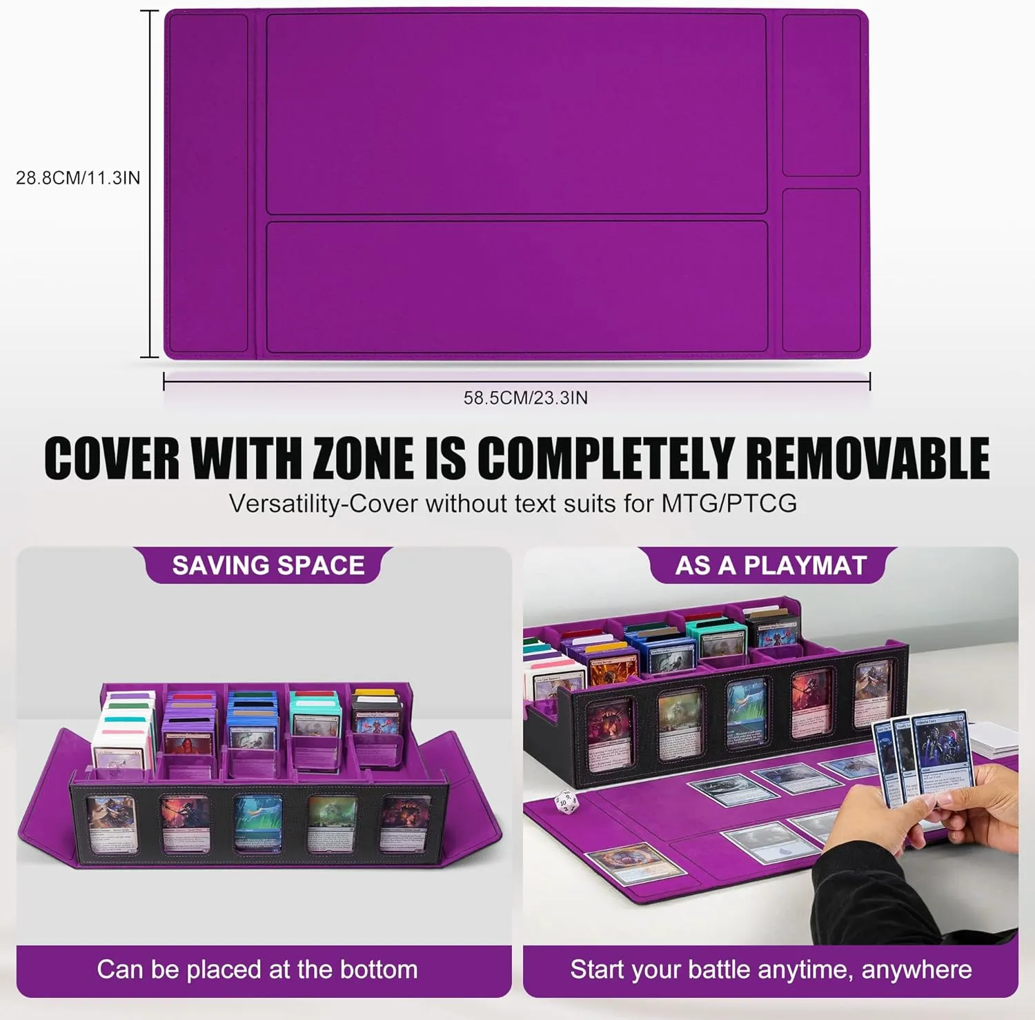 Trading Card Storage Box with Commander Display , 5-Row Deck Case with Removable Lid; 3900  Card Deck Box for MTG TCG Sports Card, 5 Toploaders, 5 Stoppers, 48 Dividers,1 Dice Tray (Black Purple)