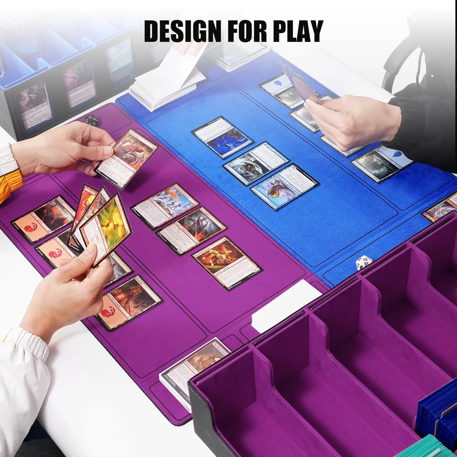 Trading Card Storage Box with Commander Display , 5-Row Deck Case with Removable Lid; 3900  Card Deck Box for MTG TCG Sports Card, 5 Toploaders, 5 Stoppers, 48 Dividers,1 Dice Tray (Black Purple)