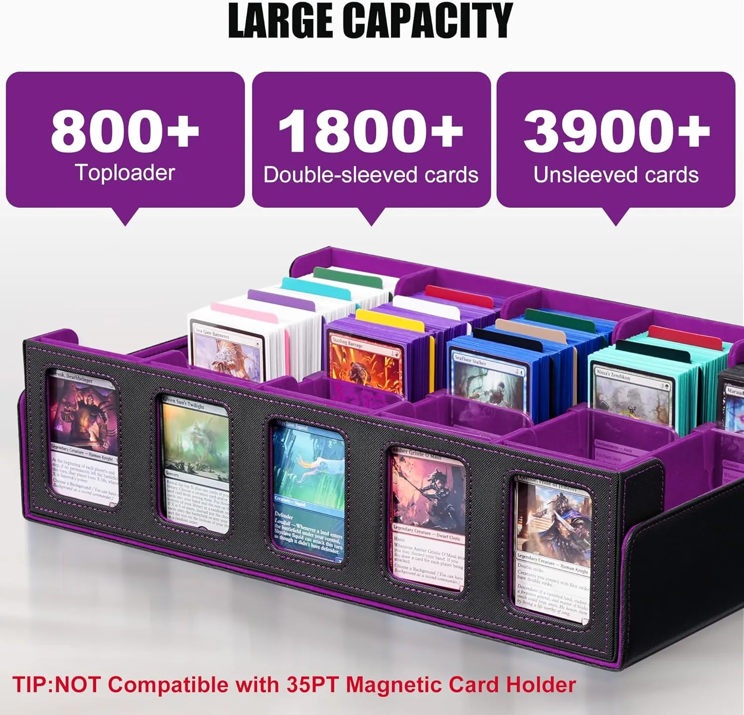 Trading Card Storage Box with Commander Display , 5-Row Deck Case with Removable Lid; 3900  Card Deck Box for MTG TCG Sports Card, 5 Toploaders, 5 Stoppers, 48 Dividers,1 Dice Tray (Black Purple)